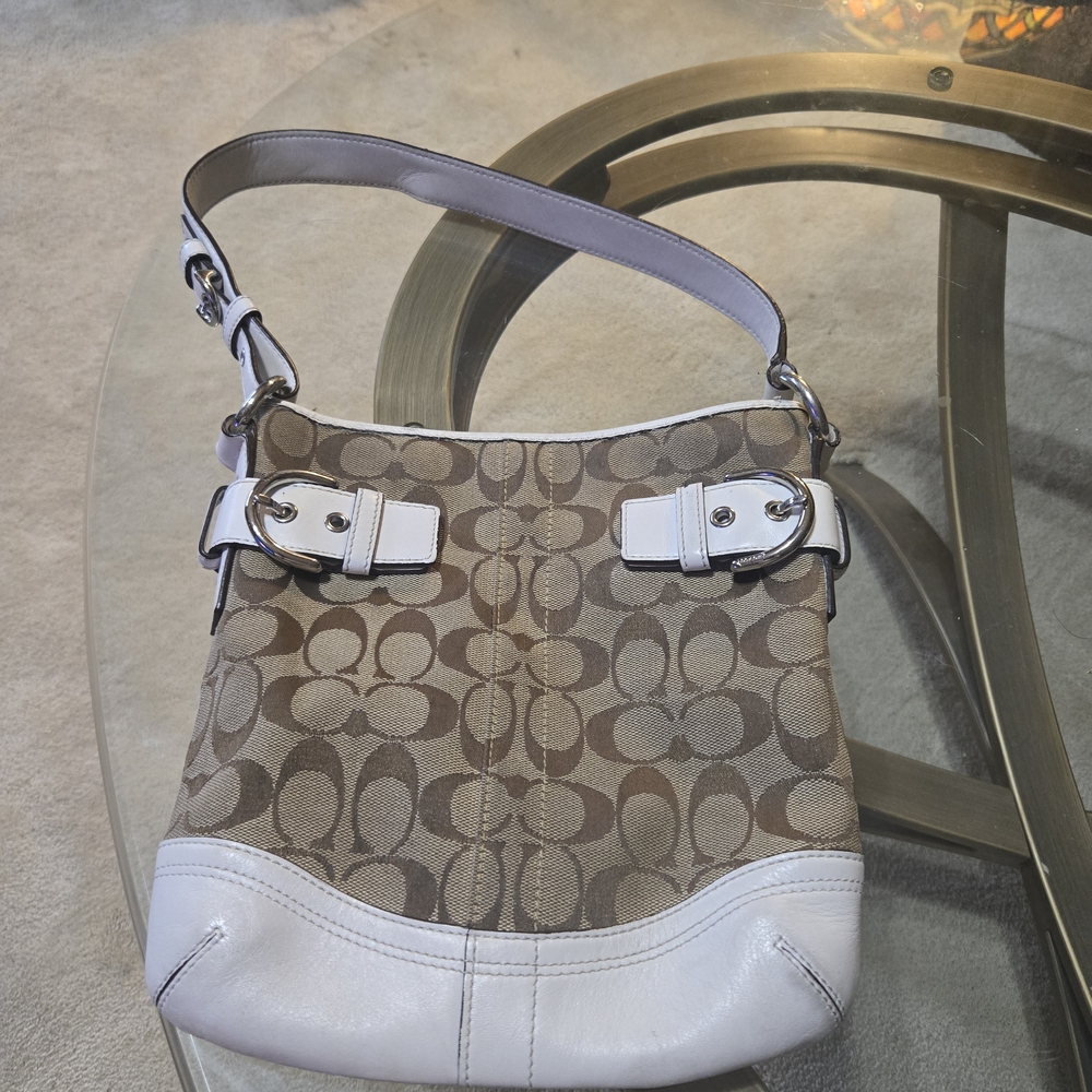 Coach Brown and White Shoulder Bag with Signature Monogram